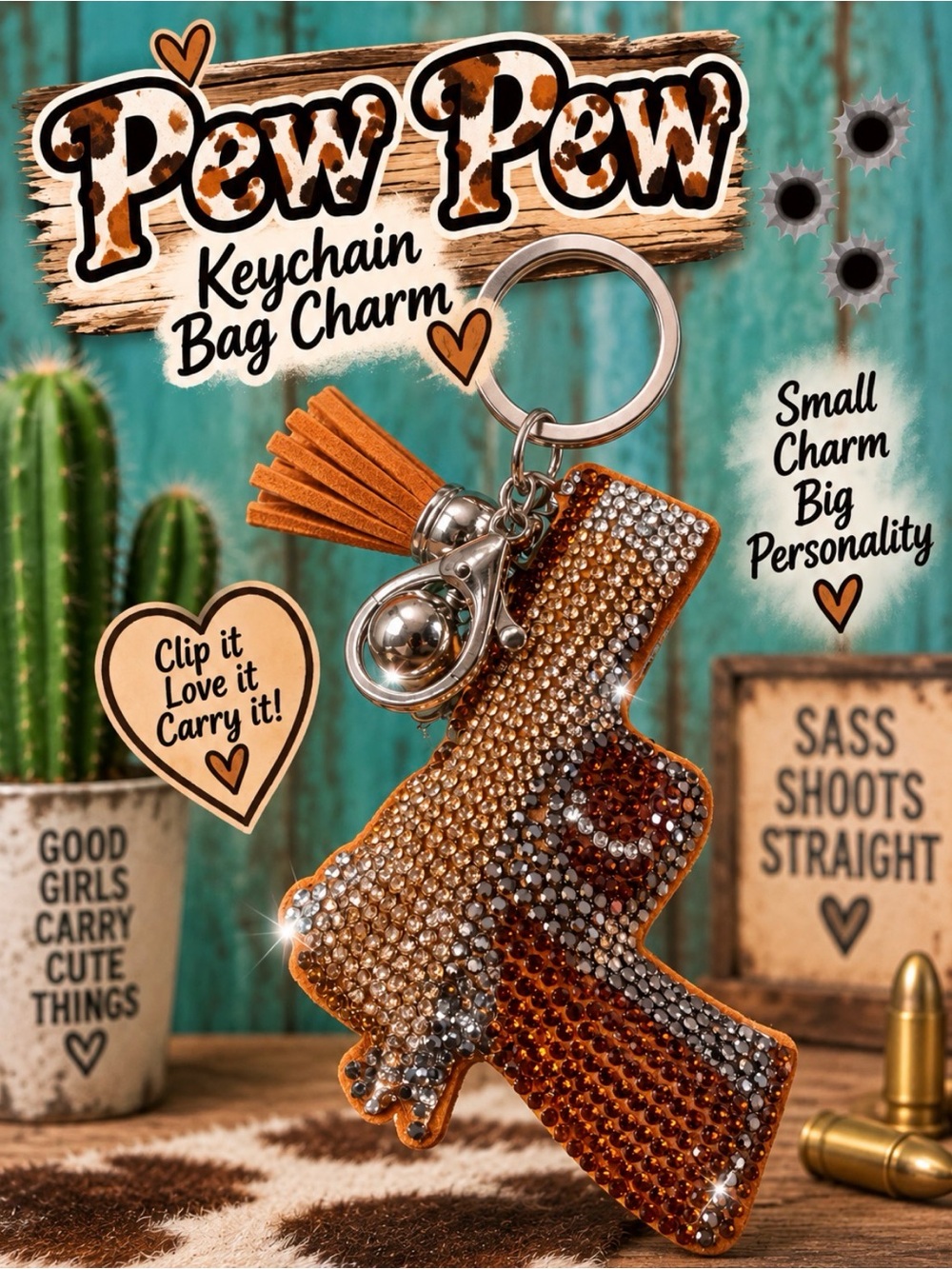 Pew Pew Rhinestone Gun Keychain Charm with Tassel - Brown